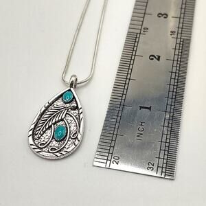925 Silver Necklace w/ Turquoise Feather Teardrop Pendant Valentines Gift - NEW!
